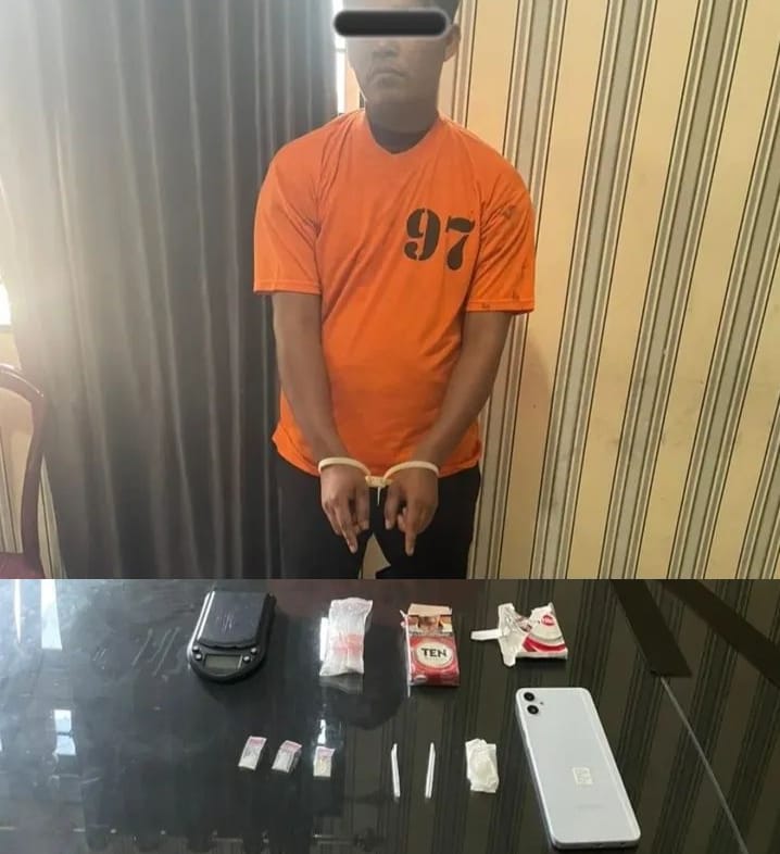 Foto : tersangka dan sejumlah barang bukti. 
