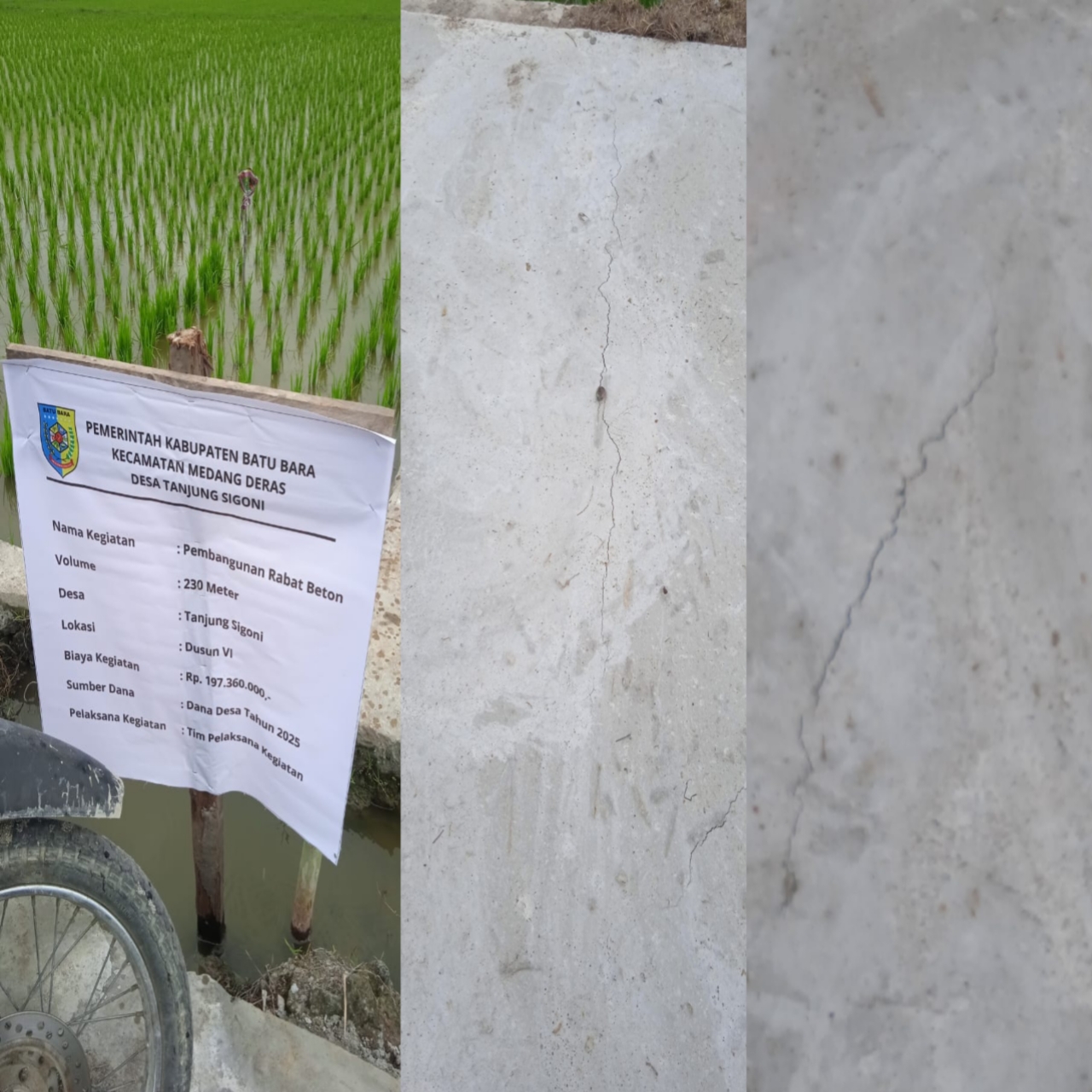 Foto : Bangunan Proyek Rabat Beton yang baru hitungan hari sudah retak di Desa Tanjung Sigoni 