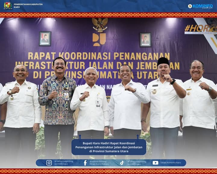 Foto : Gambar 3 dari kanan: Bupati Karo, Brigjen. Pol. (Purn.) DR. dr. Antonius Ginting, Sp.OG., M.Kes., Menghadiri rapat  yang diselenggarakan BBPJN Sumatera Utara, di Aula 2 Hotel Grand Inna Medan, pada Rabu (14/5/2025).