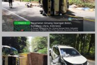Foto : terlihat mobil truk Colt diesel terbalik dan mobil Daihatsu sigra ringsek di sebelah depan kanan. 