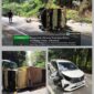 Foto : terlihat mobil truk Colt diesel terbalik dan mobil Daihatsu sigra ringsek di sebelah depan kanan. 