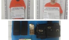 Foto : Kedua tersangka dan sejumlah barang bukti yang di amankan. 