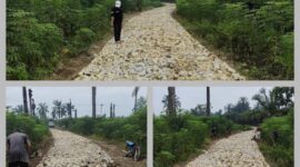 Foto : tampak pengerjaan  Jalan, Proyek Dana Desa Telford Di Nagori Bandar Gunung, Kecamatan Bandar Masilam tidak adanya papan Informasi Proyek. 