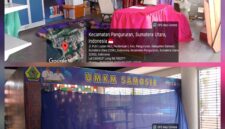 Foto : Salah satu kios UMKM di kawasan foodcourt Waterfront City Pangururan terlihat tidak beroperasi dan tertutup tirai biru, meski di dalamnya masih tersimpan sejumlah produk khas Samosir yang di huni ODGJ