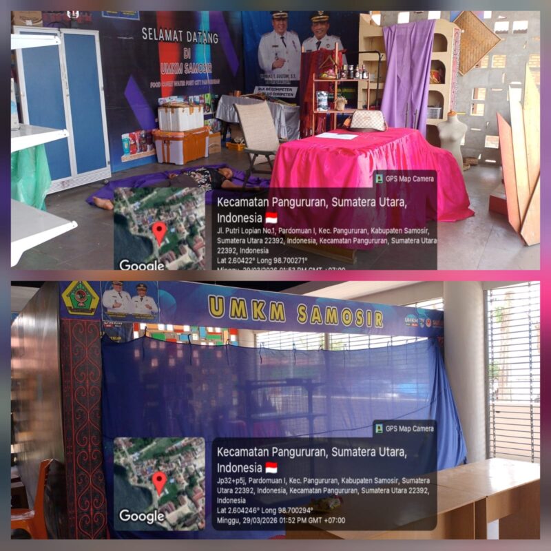 Foto : Salah satu kios UMKM di kawasan foodcourt Waterfront City Pangururan terlihat tidak beroperasi dan tertutup tirai biru, meski di dalamnya masih tersimpan sejumlah produk khas Samosir yang di huni ODGJ