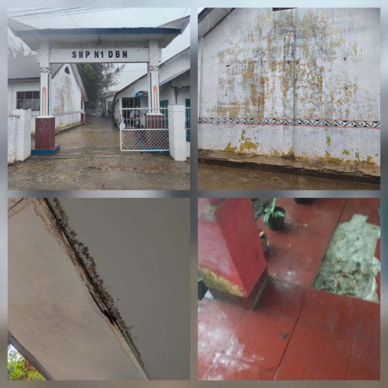 Foto : SMP N 1 Dolok Batu Naggar terlihat beberapa bagian bangunan sekolah mengalami kerusakan. Atap bangunan tampak mengalami kebocoran dengan bekas rembesan air yang menghitam dan berjamur. 