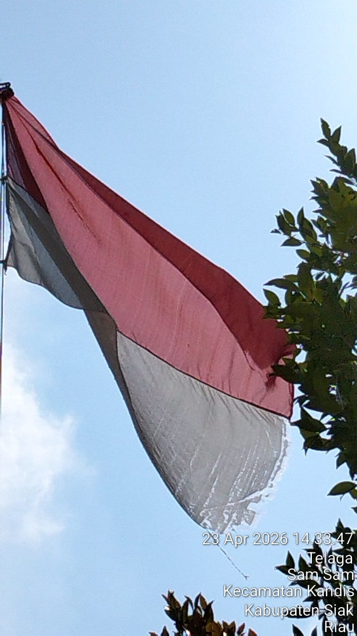 Bendera merah putih berkibar kusam dan koyak. 