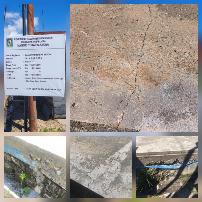 Foto : kondisi Rabat beton nagori Totap Majawa , kecmatan tanah Jawa, baru selesai di bangun sudah ada retak. 