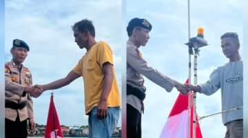 Sambut HUT ke-81 RI, Sat polairud Polres Langkat Bagikan Bendera Merah Putih kepada Nelayan